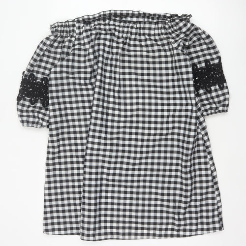River Island Women Black White Gingham Off Shoulder Shift Dress UK 14