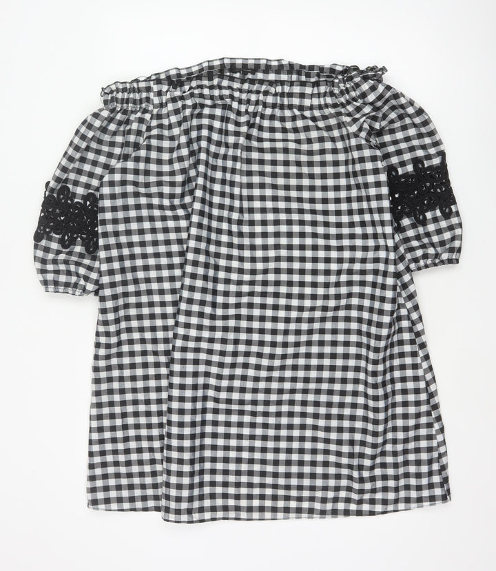 River Island Women Black White Gingham Off Shoulder Shift Dress UK 14