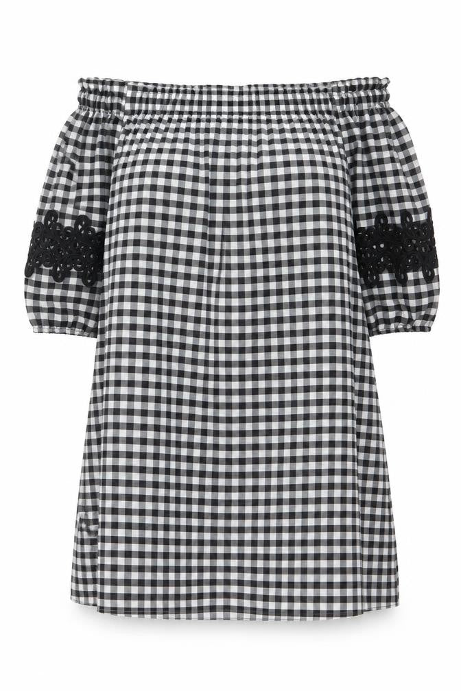 River Island Women Black White Gingham Off Shoulder Shift Dress UK 14