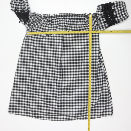 River Island Women Black White Gingham Off Shoulder Shift Dress UK 14