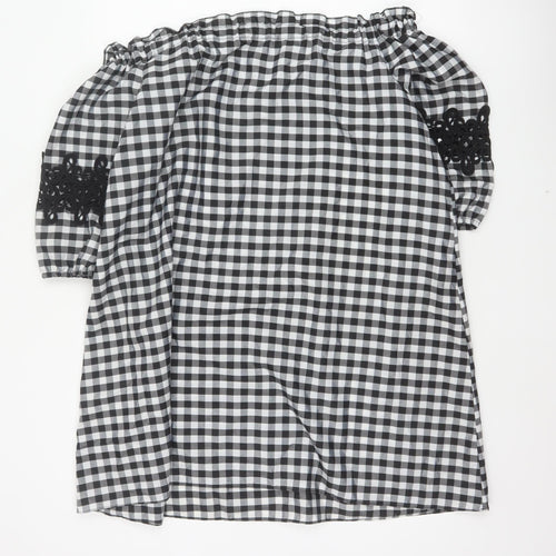 River Island Women Black White Gingham Off Shoulder Shift Dress UK 14