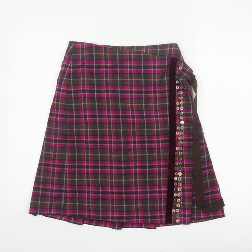 Whistles Women’s Purple Plaid Wool Wrap Knee Length Skirt UK 8