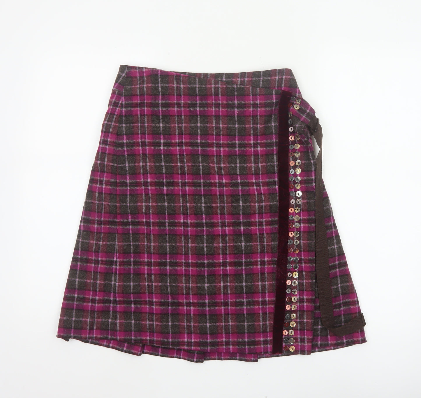 Whistles Women’s Purple Plaid Wool Wrap Knee Length Skirt UK 8