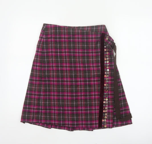 Whistles Women’s Purple Plaid Wool Wrap Knee Length Skirt UK 8