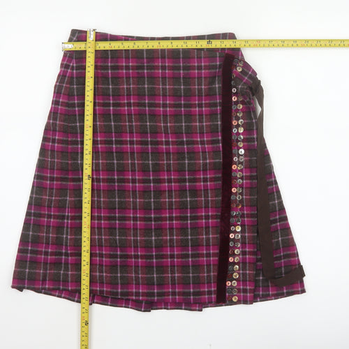Whistles Women’s Purple Plaid Wool Wrap Knee Length Skirt UK 8