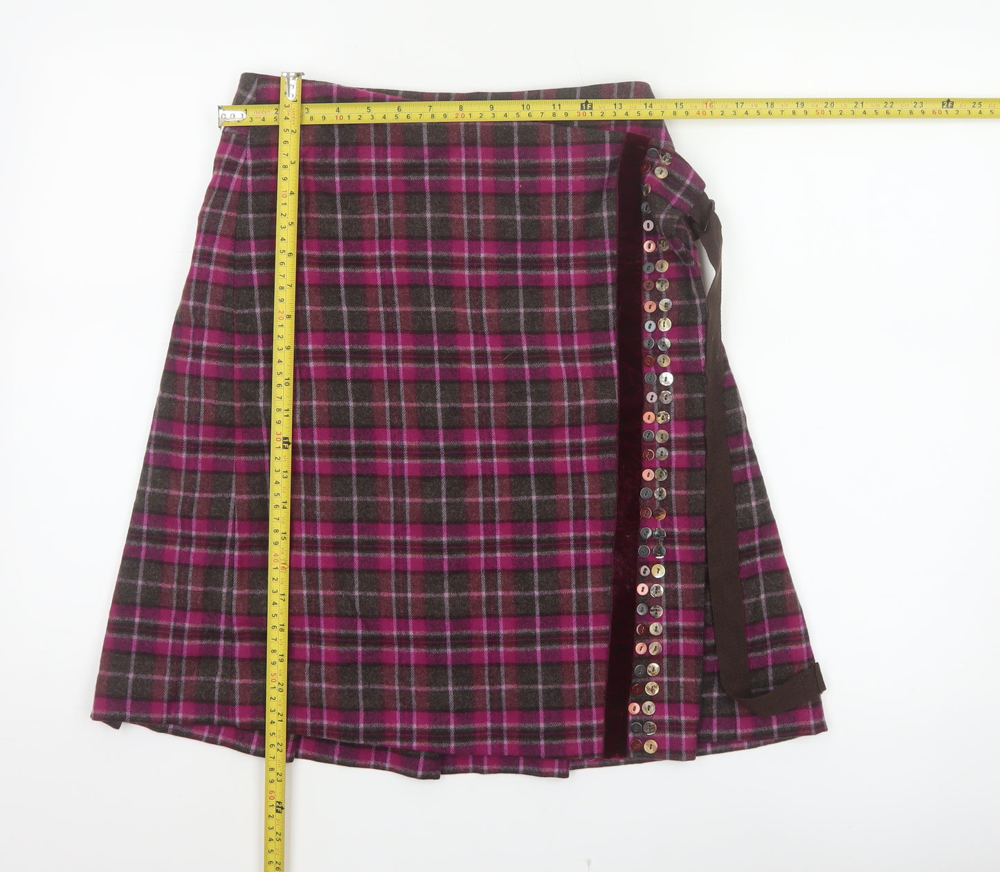 Whistles Women’s Purple Plaid Wool Wrap Knee Length Skirt UK 8