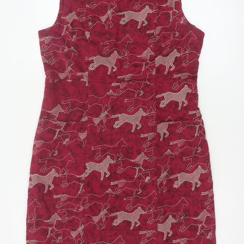 White Stuff Women Red Horse Print Cotton Sleeveless Sheath Dress UK 14
