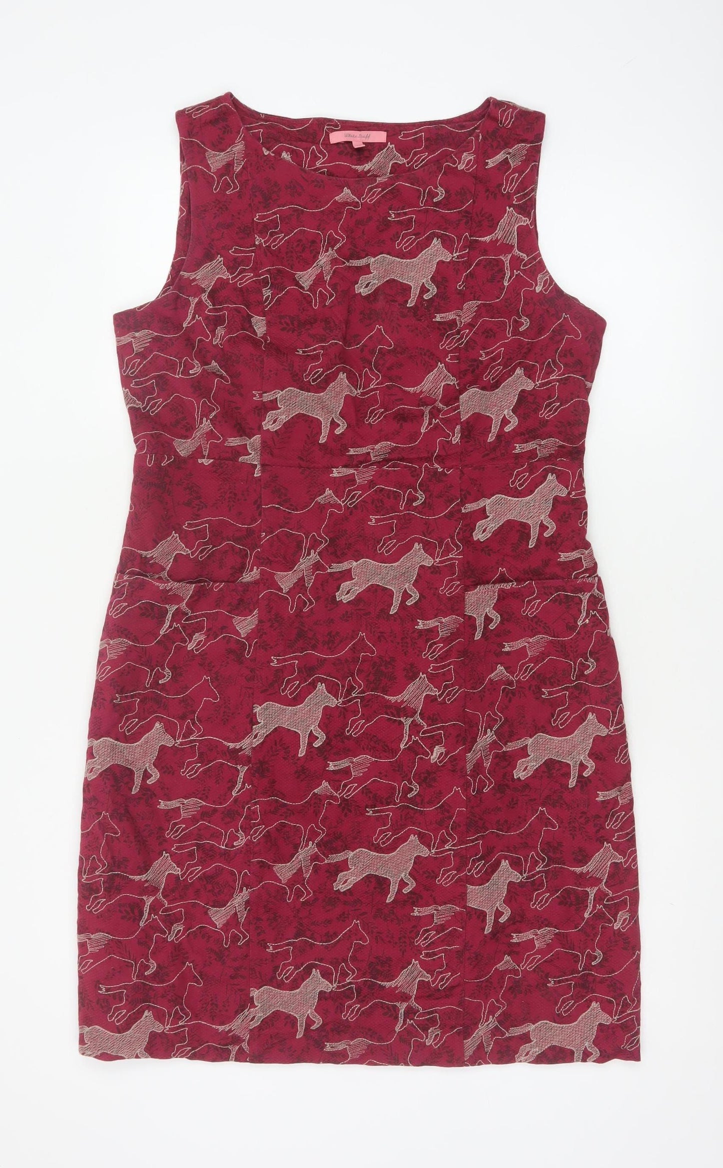 White Stuff Women Red Horse Print Cotton Sleeveless Sheath Dress UK 14