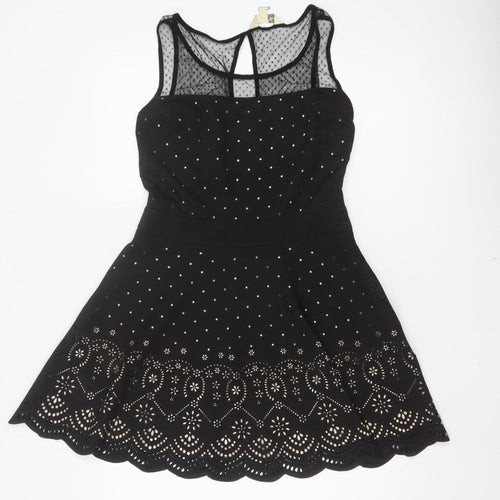 Yumi Women Black UK 8 Fit & Flare Polka Dot Mesh Party Dress