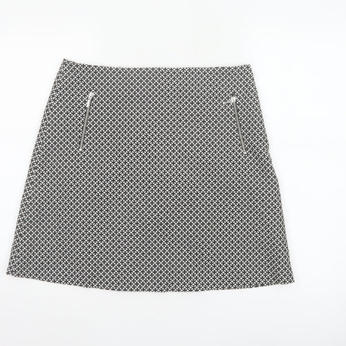 Wallis Women Black White Geometric A-Line Knee Length Skirt UK 12 Zip