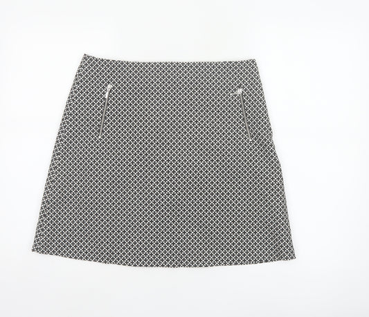 Wallis Women Black White Geometric A-Line Knee Length Skirt UK 12 Zip