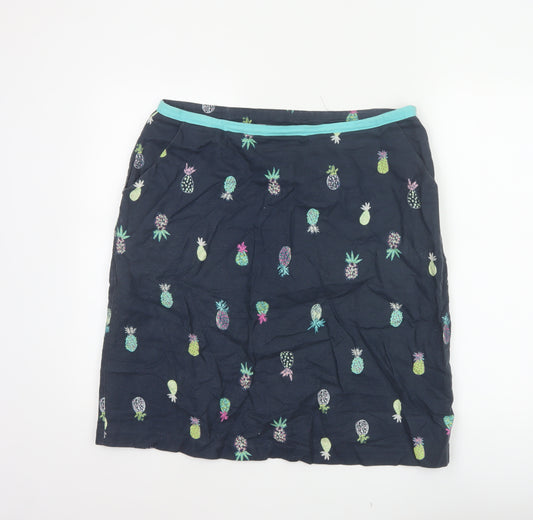 Laura Ashley Women Black Pineapple Print Linen Mini Straight Skirt UK 14