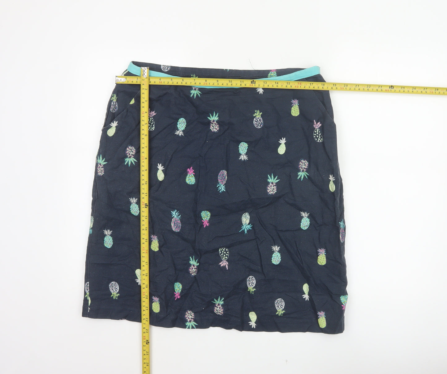 Laura Ashley Women Black Pineapple Print Linen Mini Straight Skirt UK 14