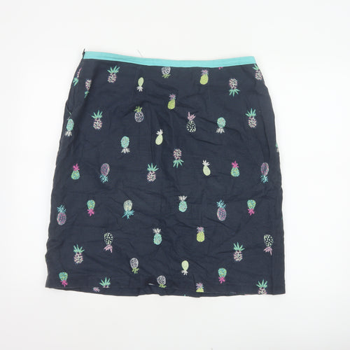 Laura Ashley Women Black Pineapple Print Linen Mini Straight Skirt UK 14