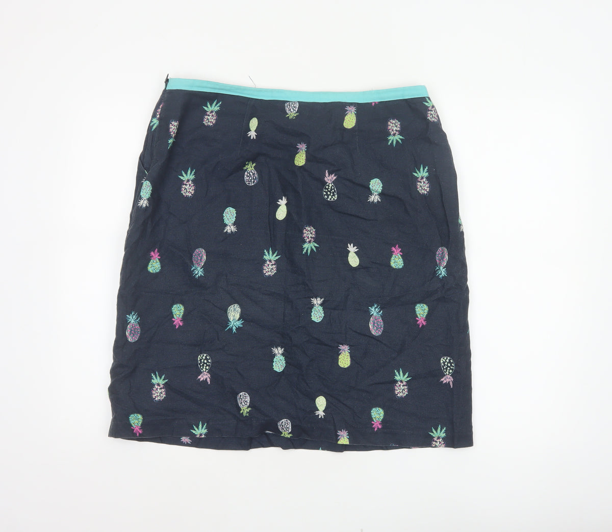 Laura Ashley Women Black Pineapple Print Linen Mini Straight Skirt UK 14