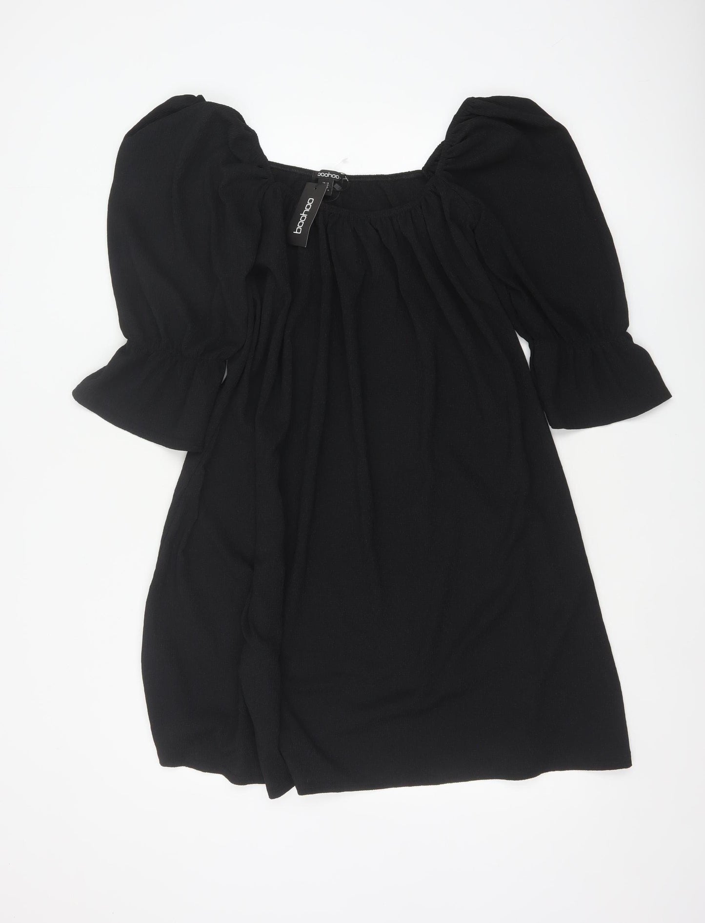 Boohoo Women Black UK 14 Fit & Flare Knee Dress Puff Sleeves