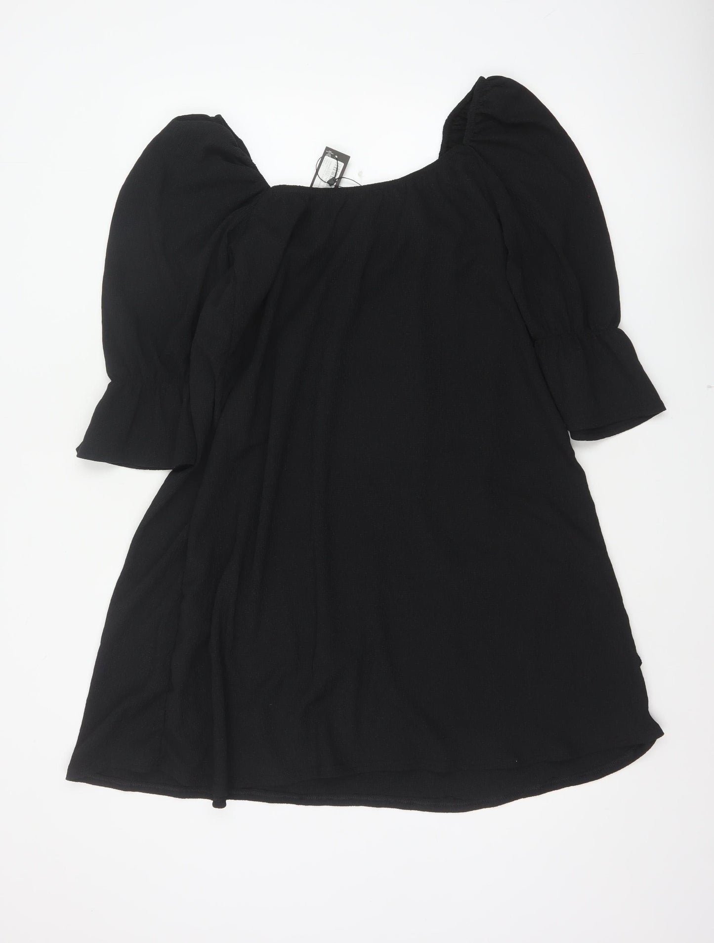 Boohoo Women Black UK 14 Fit & Flare Knee Dress Puff Sleeves