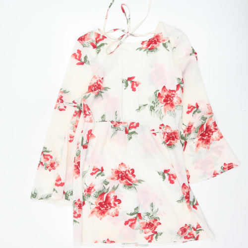 PrettyLittleThing Women Ivory Floral Bell Sleeve Skater Dress UK 10