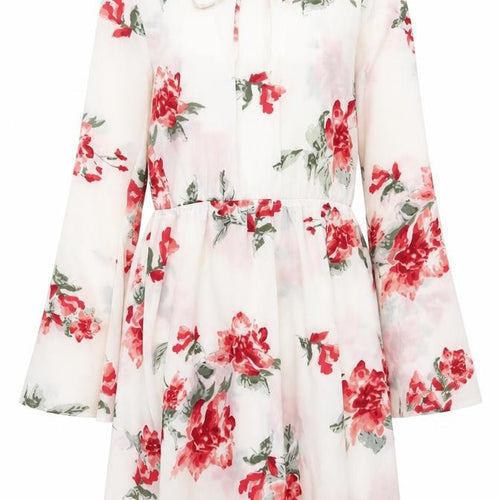 PrettyLittleThing Women Ivory Floral Bell Sleeve Skater Dress UK 10