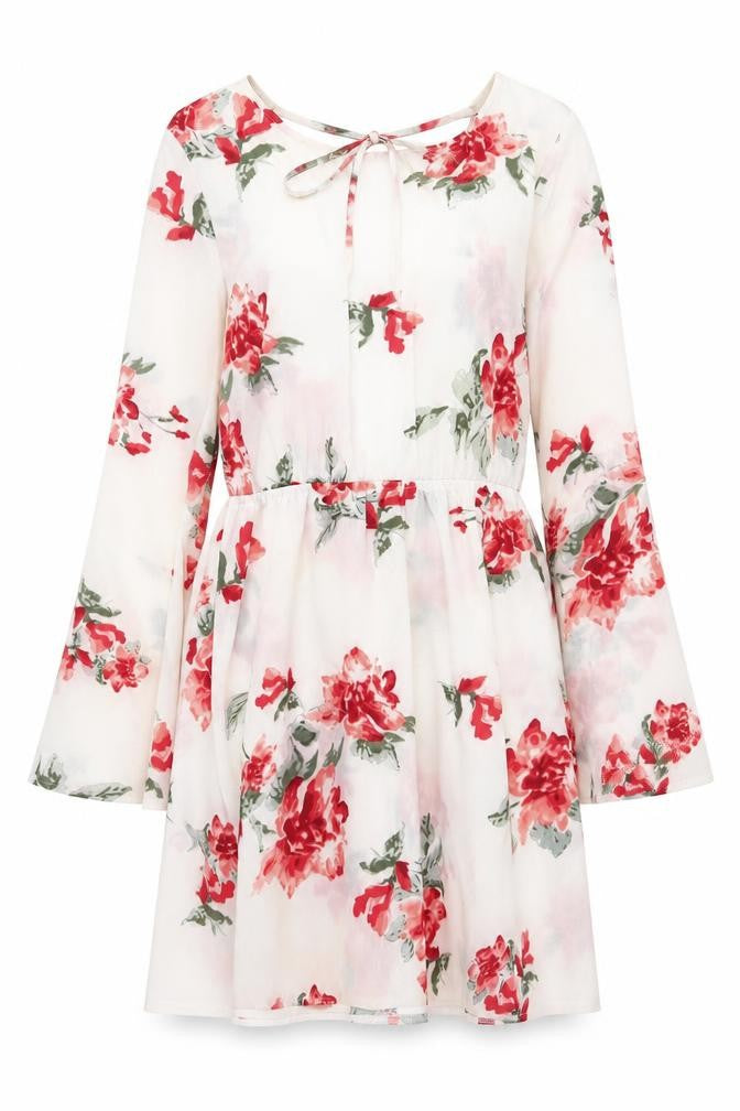 PrettyLittleThing Women Ivory Floral Bell Sleeve Skater Dress UK 10