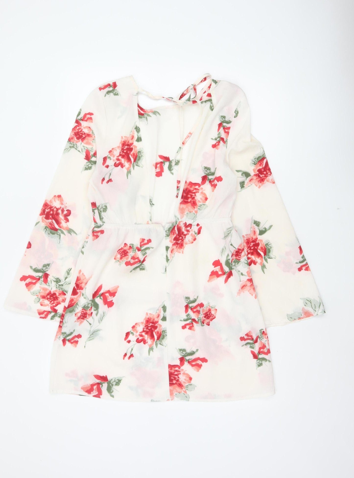 PrettyLittleThing Women Ivory Floral Bell Sleeve Skater Dress UK 10
