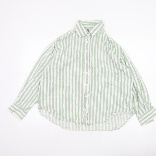Stradivarius Women Green White Striped Linen Blend Button-Up Shirt L