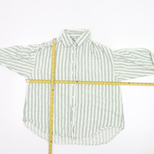 Stradivarius Women Green White Striped Linen Blend Button-Up Shirt L