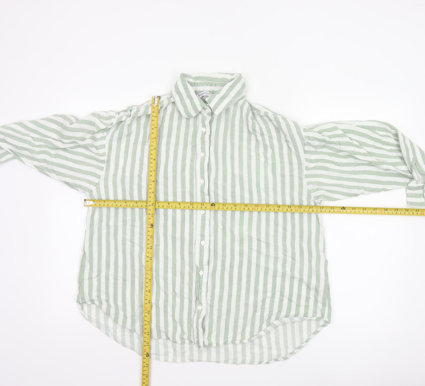 Stradivarius Women Green White Striped Linen Blend Button-Up Shirt L