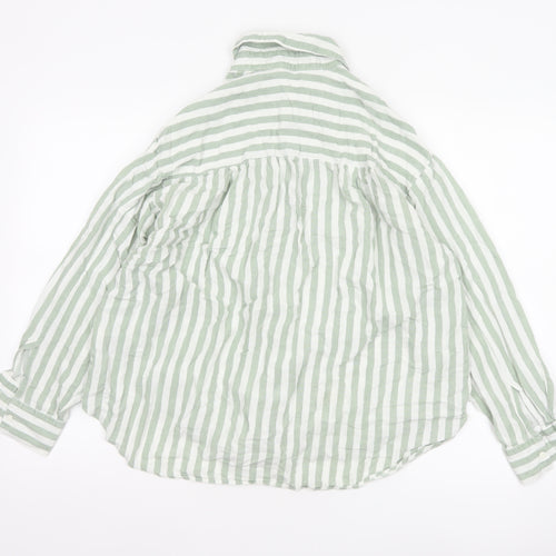 Stradivarius Women Green White Striped Linen Blend Button-Up Shirt L