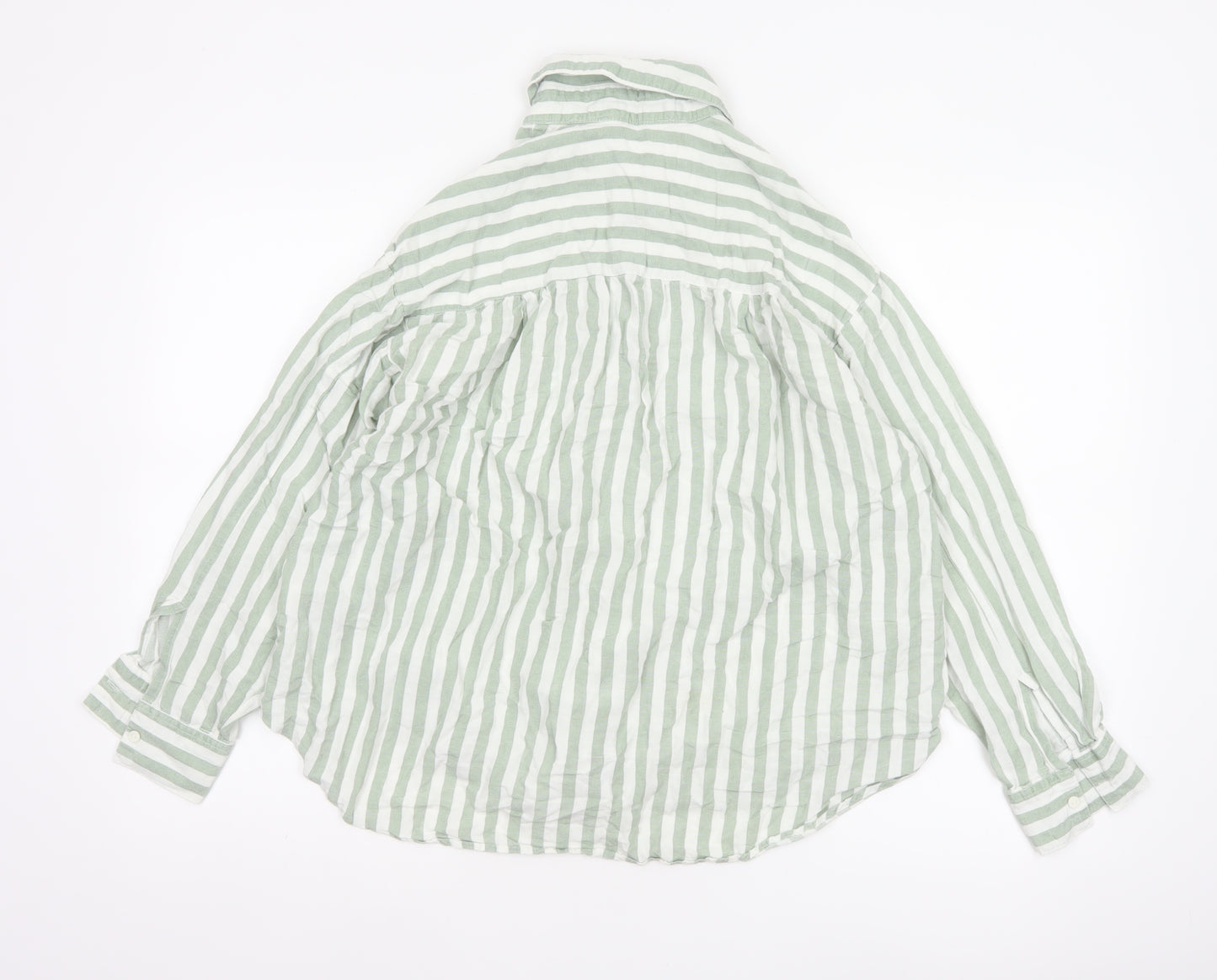Stradivarius Women Green White Striped Linen Blend Button-Up Shirt L