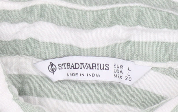 Stradivarius Women Green White Striped Linen Blend Button-Up Shirt L