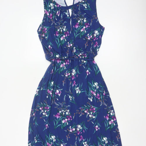 Oasis Women Blue Floral UK 14 Fit & Flare Knee Dress Belted