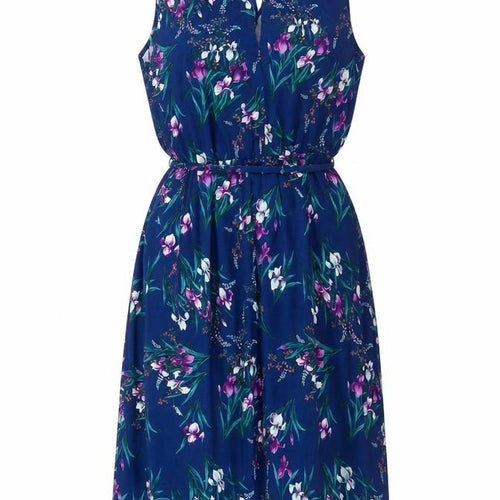 Oasis Women Blue Floral UK 14 Fit & Flare Knee Dress Belted