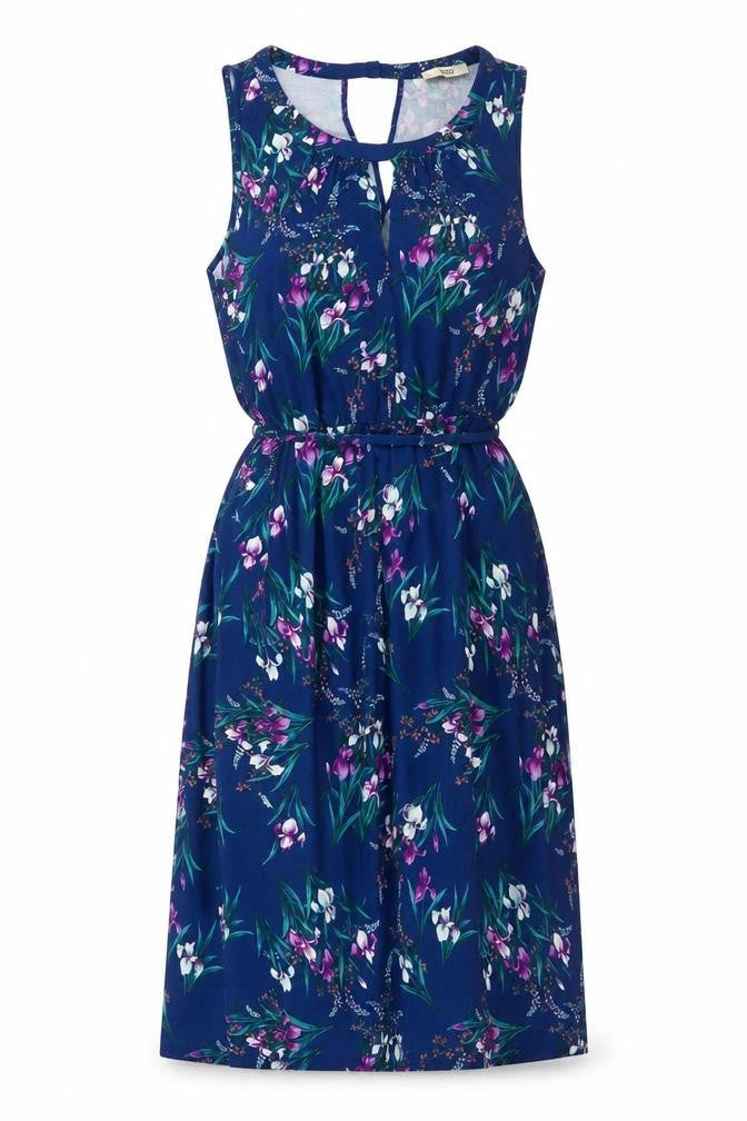 Oasis Women Blue Floral UK 14 Fit & Flare Knee Dress Belted