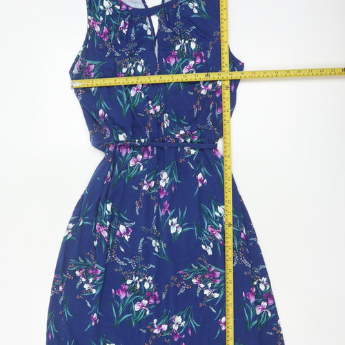 Oasis Women Blue Floral UK 14 Fit & Flare Knee Dress Belted