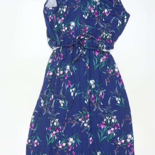 Oasis Women Blue Floral UK 14 Fit & Flare Knee Dress Belted