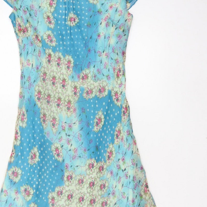 Phase Eight Women Blue Floral Chiffon Midi Fit & Flare Dress UK 12