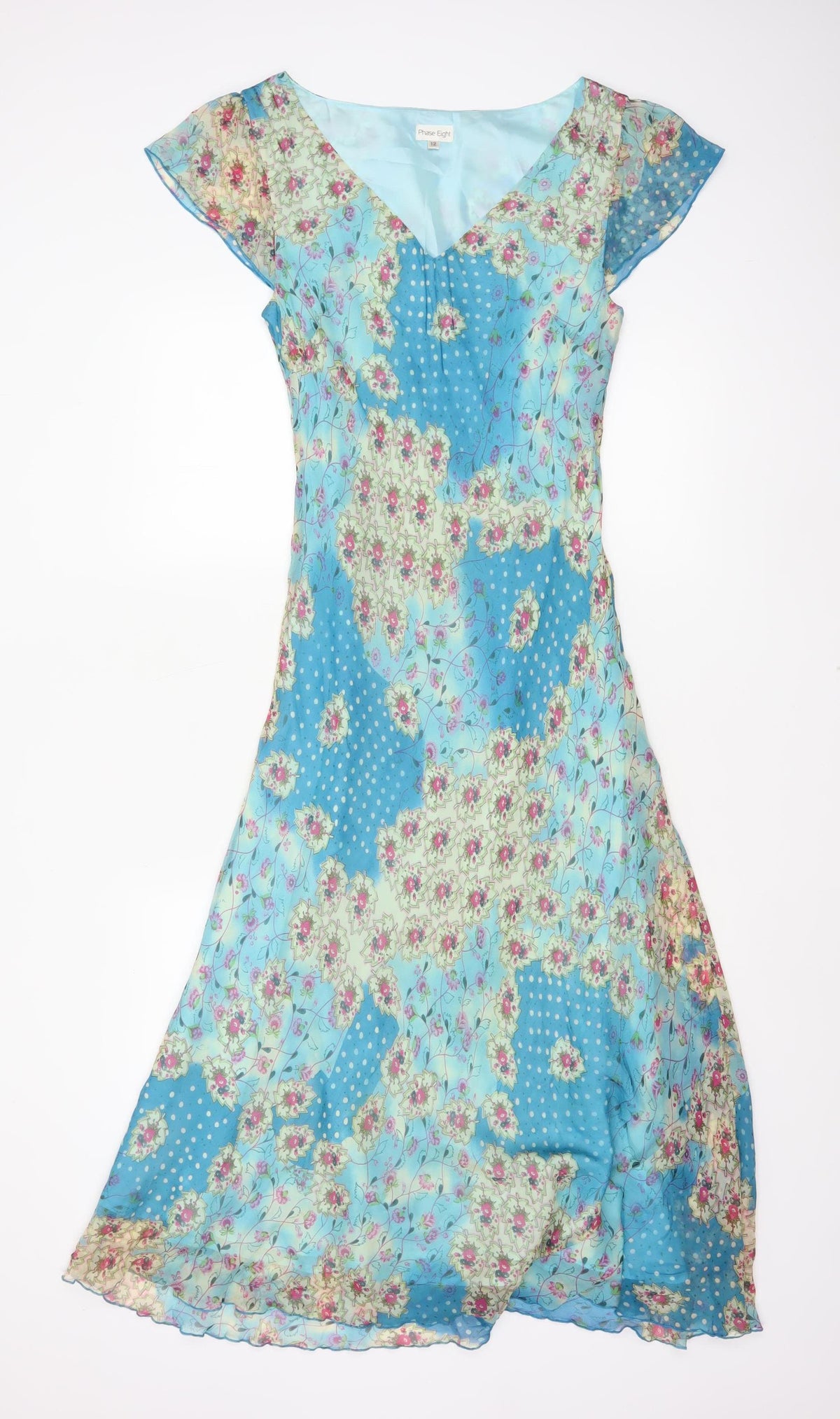 Phase Eight Women Blue Floral Chiffon Midi Fit & Flare Dress UK 12