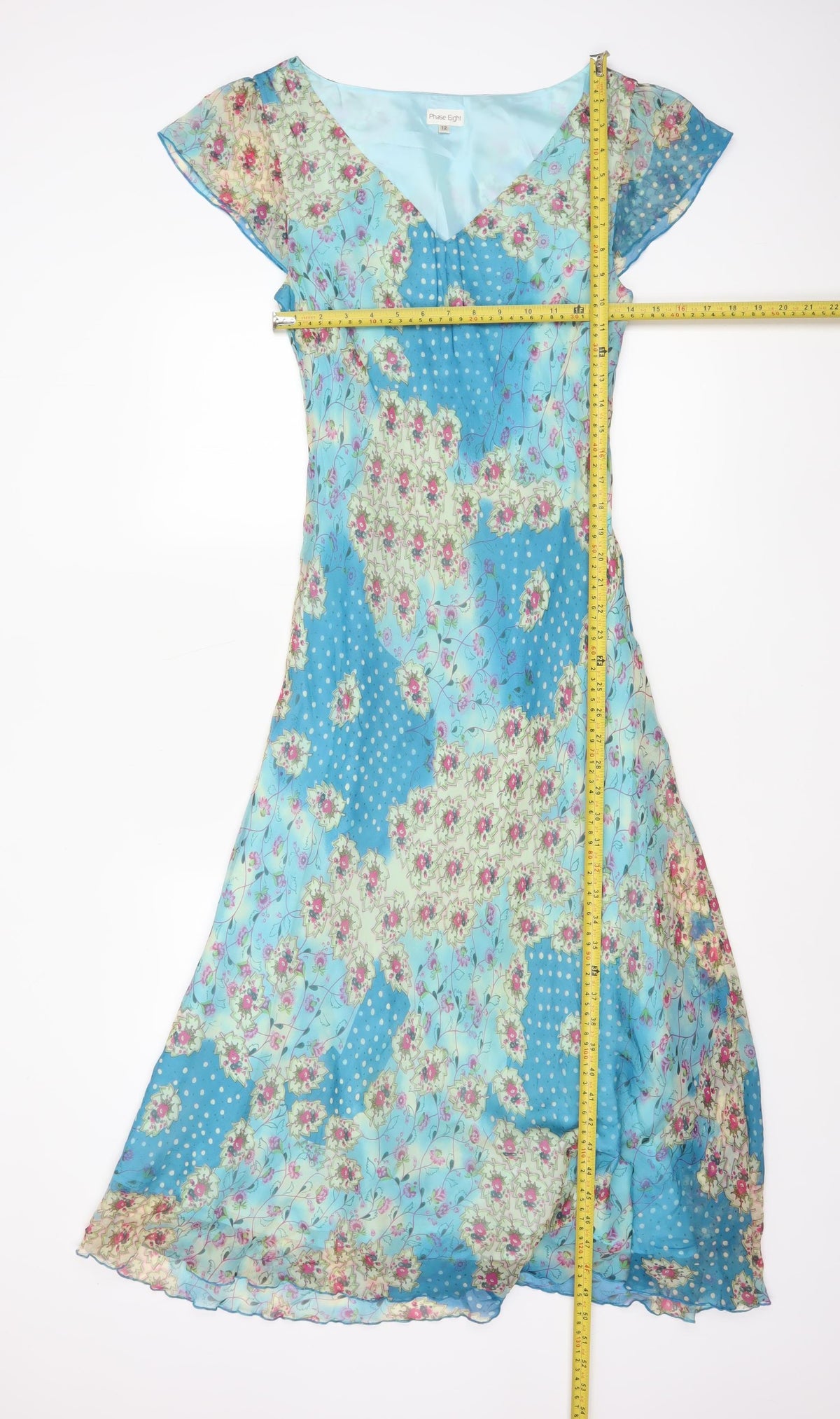 Phase Eight Women Blue Floral Chiffon Midi Fit & Flare Dress UK 12