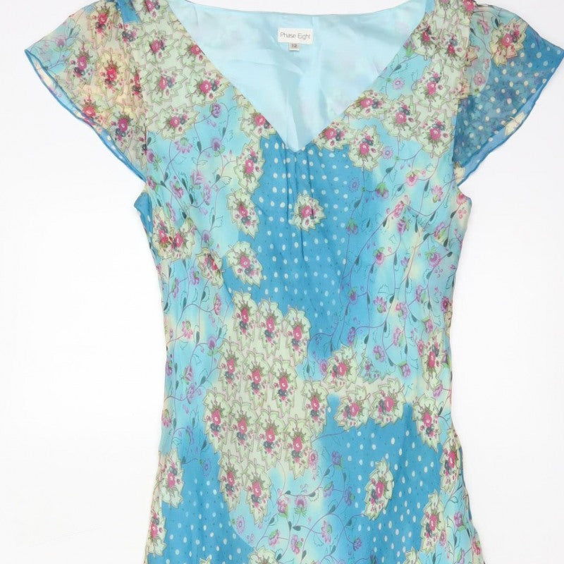 Phase Eight Women Blue Floral Chiffon Midi Fit & Flare Dress UK 12
