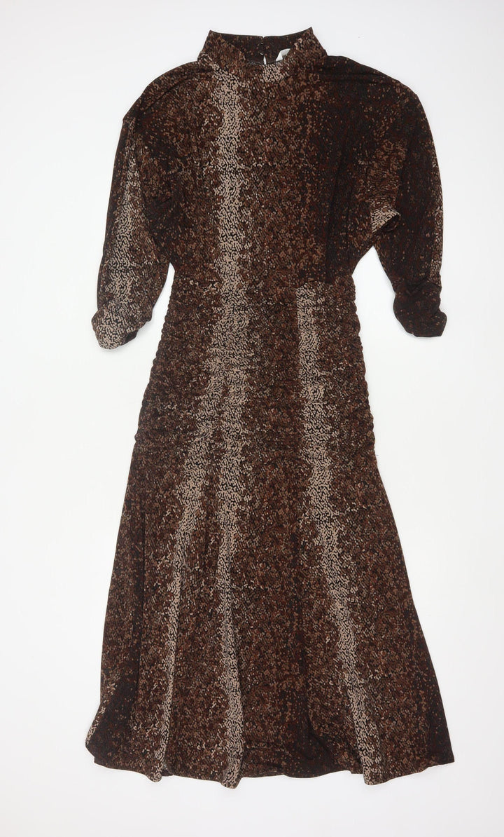 H&M Women Brown Snake Print Fit & Flare High Neck Midi Dress UK S