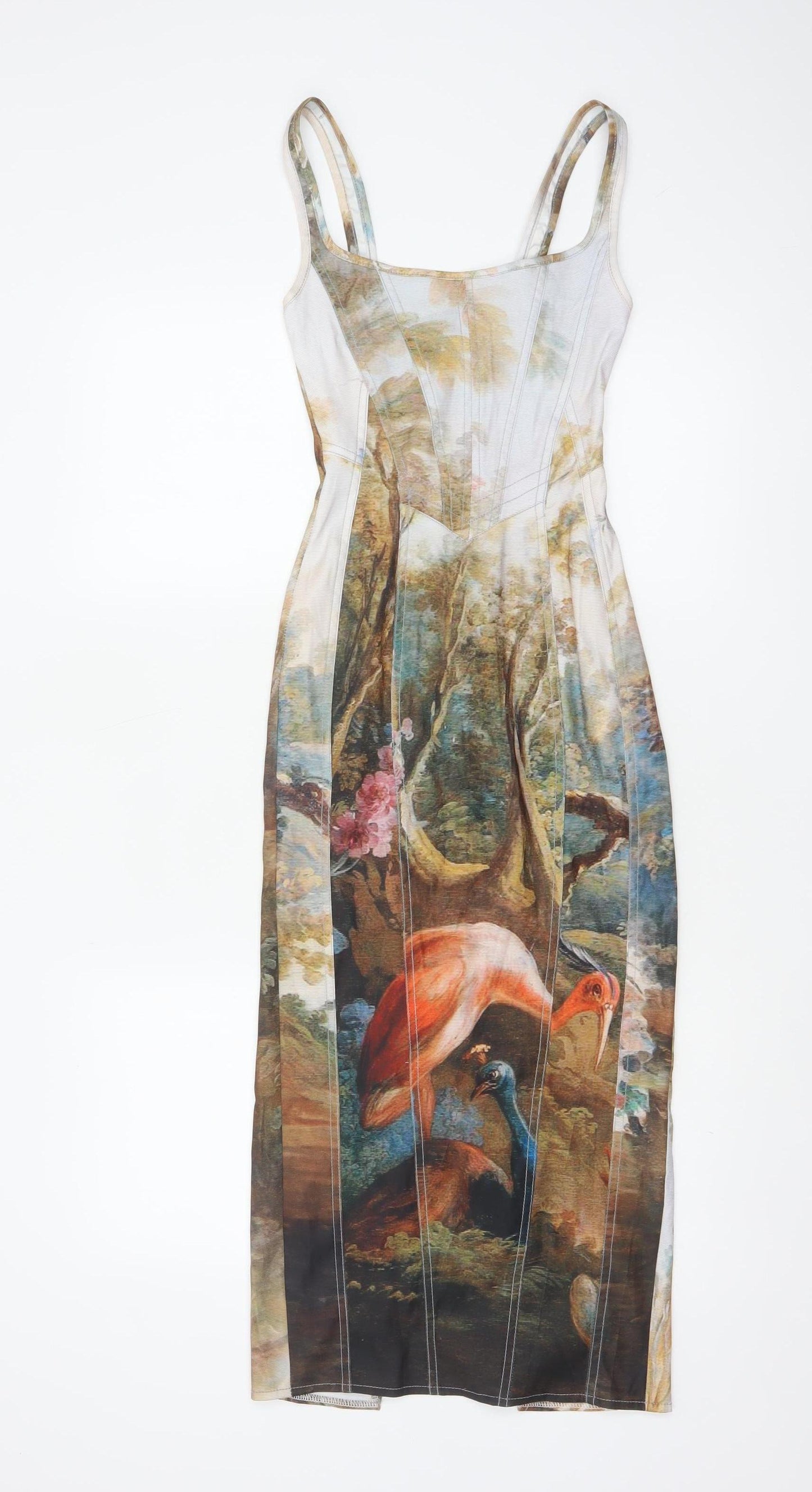 Bershka Women Multicoloured XS Bodycon Long Bird Print Dress