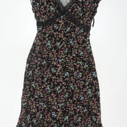 New Look Women Black Floral Lace Trim Maxi Dress UK 14 V-Neck