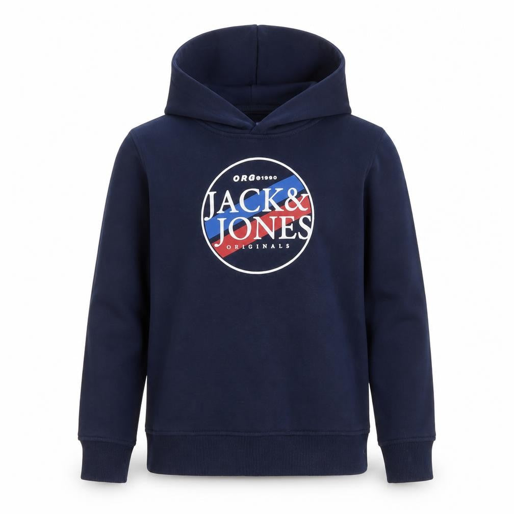 Front view of Jack & Jones boys’ navy 9-10 years pullover logo hoodie cotton blend