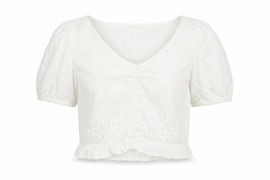 Stradivarius Women Ivory M Broderie Anglaise Puff Sleeve Ruffle Blouse