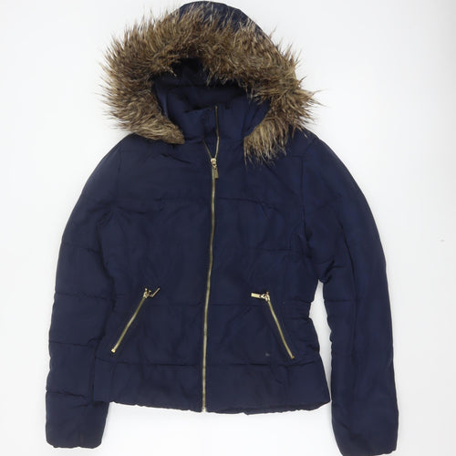 H&M Women’s Blue Size 10 Hooded Faux Fur Trim Puffer Jacket