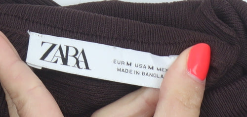Zara Women Brown M Ribbed Roll Neck Long Sleeve Stretch Top