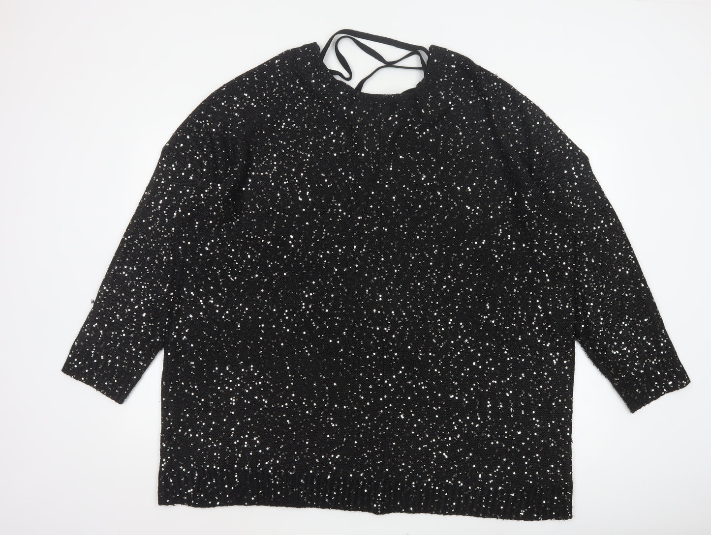 Yours Women’s Black Sequin Lace-Up Back 3/4 Sleeve Blouse UK 26-28