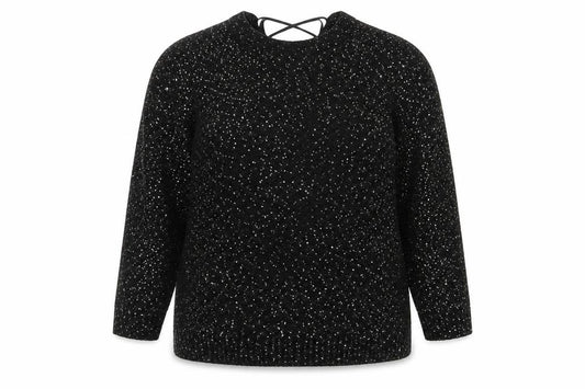 Front view of Yours Women’s Black Sequin Lace-Up Back 3/4 Sleeve Blouse UK 26-28