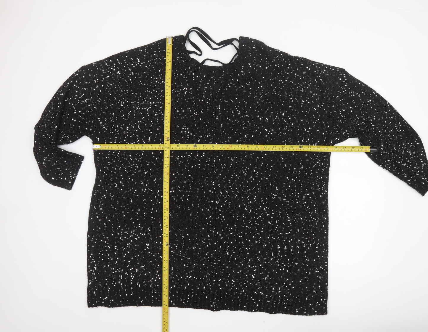 Yours Women’s Black Sequin Lace-Up Back 3/4 Sleeve Blouse UK 26-28